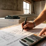 Seseorang menghitung estimasi biaya dan harga gypsum plafon beserta rangka hollow untuk renovasi ruangan